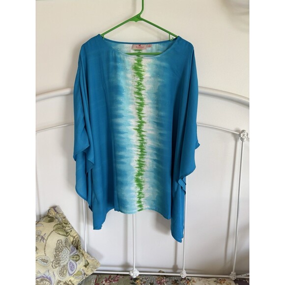 Women’s Quacker Factory Poncho Dressy Shirt Top Blue Green Summer Resort Large - Picture 1 of 5